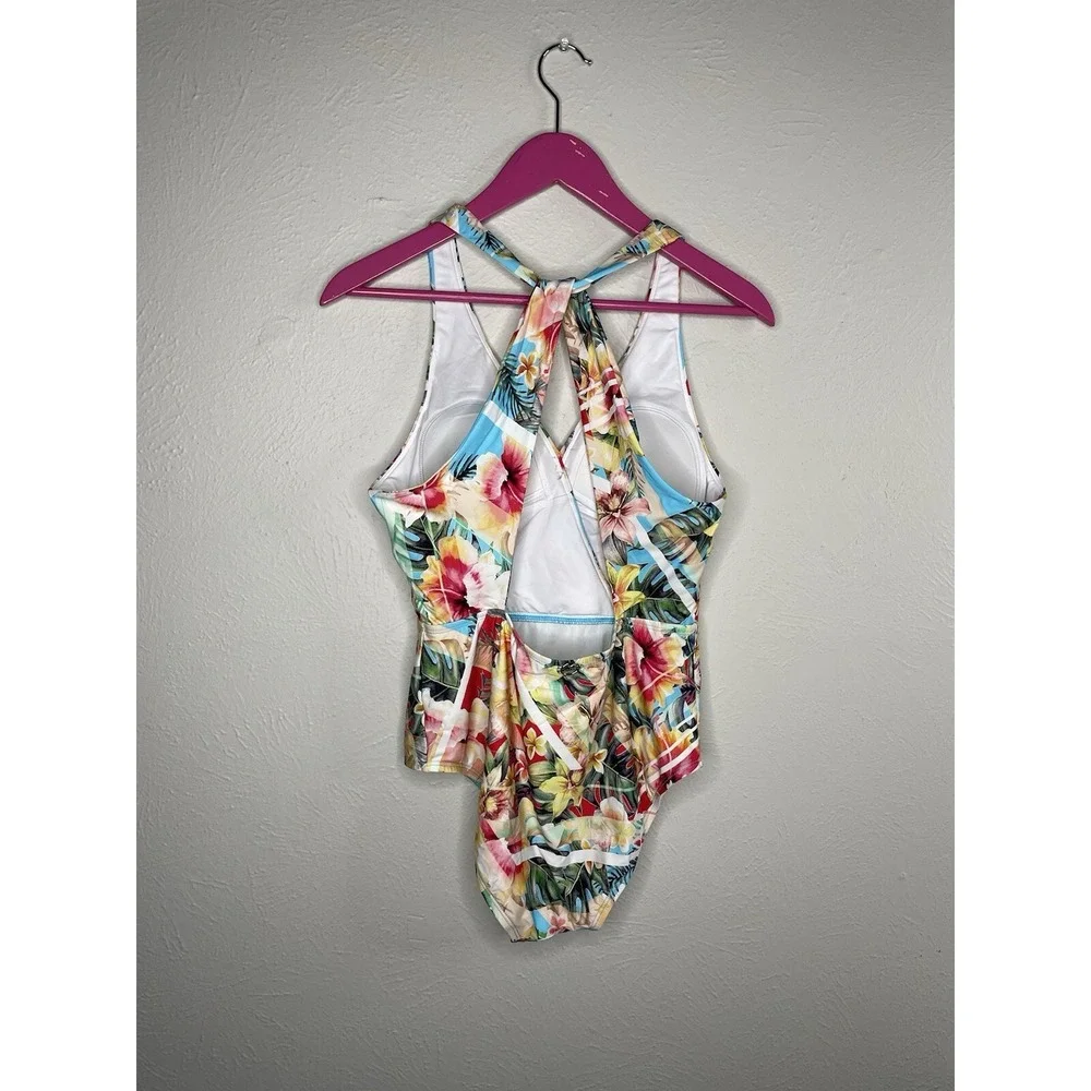 Jantzen One Piece Swimsuit Womens Size 8 Tropical Deep V Plunge Summer Cruise M